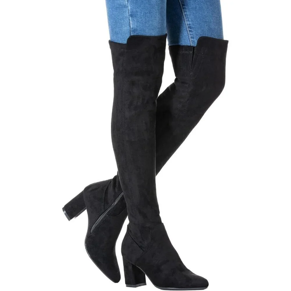 Women Black\3inch Suede Over the Knee Thigh High Chunky Block Heel Winter Boots